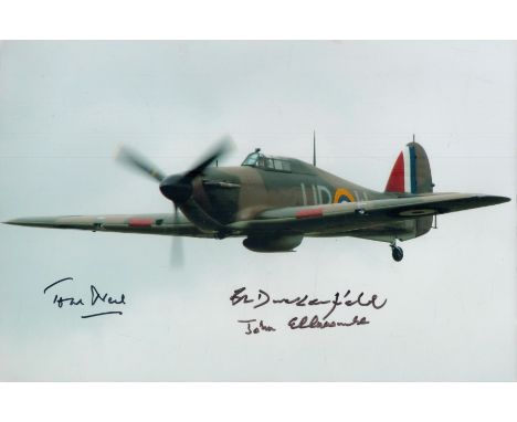 Battle of Britain WW2 fighter aces multiple signed 12 x 8 inch colour Hurricane in flight photo. Autographed by John Ellacomb