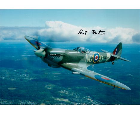WW2 Robert Foster DFC Battle of Britain RAF fighter pilot signed Hurricane photo. 12 x 8 colour hand signed photo. Wing Comma