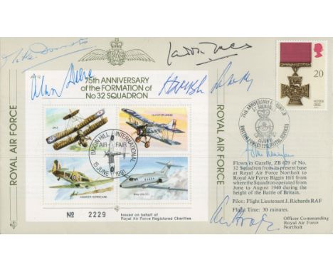 WW2 six fighter and bomber aces signed rare 32 sqn cover. BOB Aland Deere, John Cunningham, Mike Donnet, Laddie Lucas, Hamish