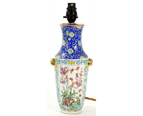 A CHINESE CANTON FAMILLE ROSE VASE, 38CM H, LATE 19TH/EARLY 20TH CENTURY, DRILLED WHEN CONVERTED TO A LAMP