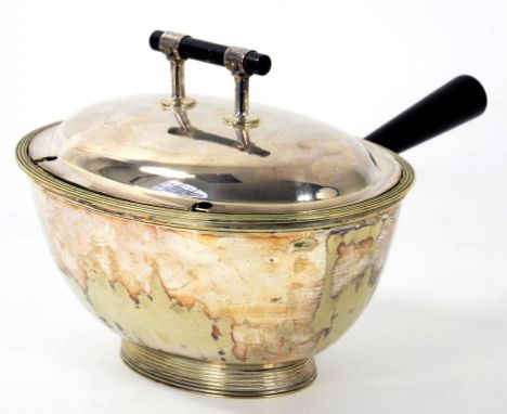 A HUKIN & HEATH EPNS TWIN COMPARTMENT OVAL SAUCE TUREEN, COVER, LINERS AND LADLE IN THE  MANNER OF DR CHRISTOPHER DRESSER EBO