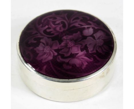 A SWISS SILVER CYLINDRICAL BOX AND PURPLE ENAMEL COVER, 7.5CM DIAM , MAKER'S MARK AND SWISS, EARLY 20TH C, 3OZS 5DWTS