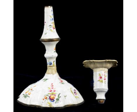 A SOUTH STAFFORDSHIRE ENAMEL CANDLESTICK PAINTED WITH FLOWERS, CIRCA 1770, 26CM H (FAULTS)