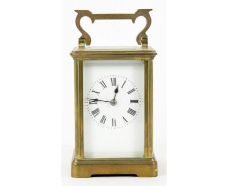 A FRENCH BRASS CARRIAGE CLOCK, THE GONG STRIKING MOVEMENT WITH REPLACED PLATFORM LEVER ESCAPEMENT, 11CM H, EARLY 20TH CENTURY
