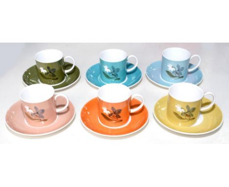 A HARLEQUIN SET OF SIX SUSIE COOPER BONE CHINA COFFEE CANS AND SAUCERS DECORATED WITH CYCLAMEN, COFFEE CAN 6CM H, PRINTED MAR