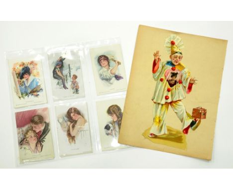 NINE EARLY 20TH CENTURY GLAMOUR POSTCARDS AFTER HARRISON FISHER AND A CHROMOLITHOGRAPH CUT OUT PICTURE OF A CLOWN BALANCING A