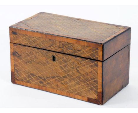 A VICTORIAN WALNUT TEA CADDY, LINE INLAID IN A TRELLIS DESIGN TO THE LID AND FRONT AND CROSSBANDED IN ROSEWOOD, THE DIVIDED I