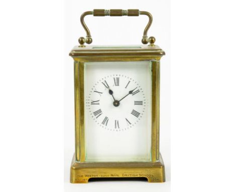 A FRENCH BRASS CARRIAGE CLOCK, THE TIMEPIECE WITH ORIGINAL PLATFORM ESCAPEMENT, 11CM H EXCLUDING HANDLE, EARLY 20TH CENTURY 