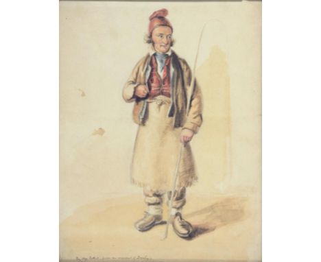 ENGLISH SCHOOL, 19TH CENTURY - PORTRAIT OF A COACHMAN, FULL LENGTH, WATERCOLOUR WITH INSCRIPTION BY MISS BETHELL FROM AN ORIG