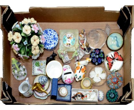 MISCELLANEOUS DECORATIVE CERAMICS INCLUDING PAPERWEIGHTS, ROYAL WORCESTER MUG, FIGURES OF CHERUBS, ENAMELLED WATCH/CLOCK, ETC