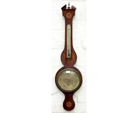 AN EARLY 19TH CENTURY INLAID MAHOGANY BAROMETER, THE SILVERED DIAL ENGRAVED D. GUGIRE & CO WARRANTED, WITH ALCOHOL THERMOMETE