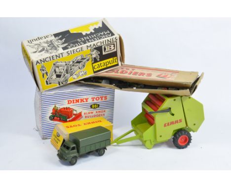 Mixed Toy Group to include Empty Dinky and Britains Boxes plus GAMA Baler, Toy Soldiers and Boxed Dinky Army Wagon. (5)