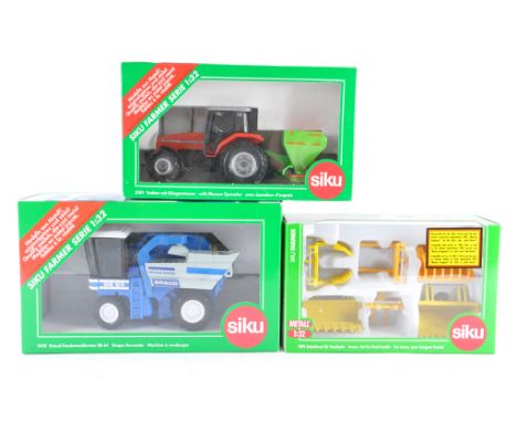 Siku Farm and Tractor Trio including Massey Ferguson and Grape Harvester. NM/M in Boxes. (3)
