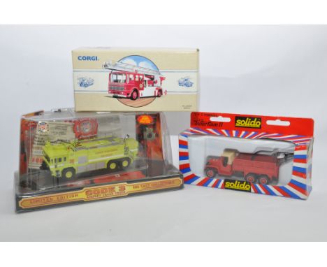 Trio of Fire related Vehicles including Corgi AEC Ladder Bristol, Solido GMC plus Code 3 Oshkosh Kennedy Space Centre issue. 