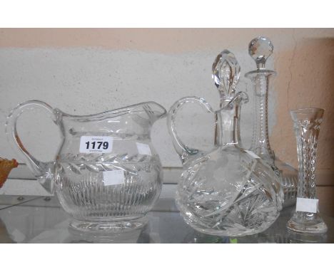 A small quantity of glassware including cut glass claret jug and stopper (handle a/f), cut crystal jug of helmet form, etc. -