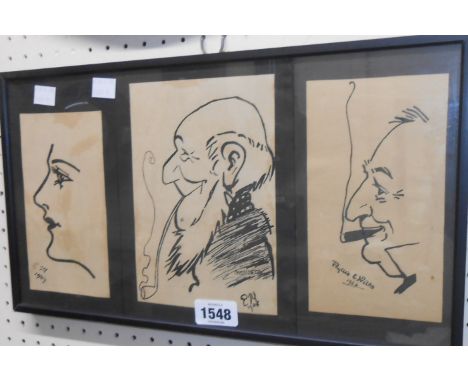 A framed three image cartoon sketch, depicting profile portraits - signed