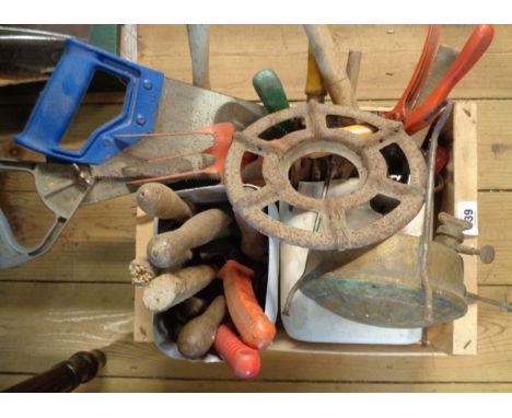A box containing a quantity of assorted tools including Bosch PSR 14.4 cordless drill, old Primus stove, etc.