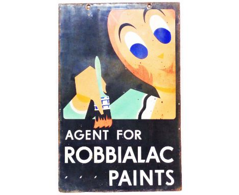 An old two sided enamel sign marked Agent for Robbialac Paints with stylised Art Deco figure with paintbrush above