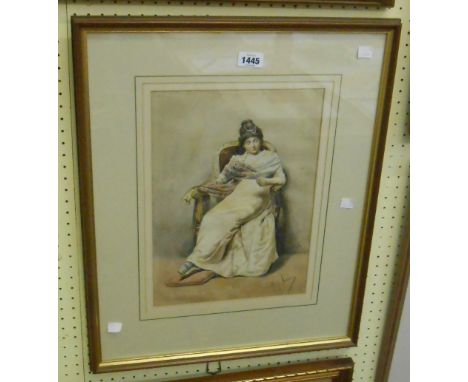 P.J. Antoine: a framed mixed media portrait of a seated lady holding a fan - signed