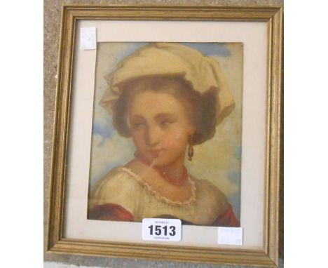 A small later gilt framed oil on card portrait of a young lady wearing a bonnet - 18cm X 15cm