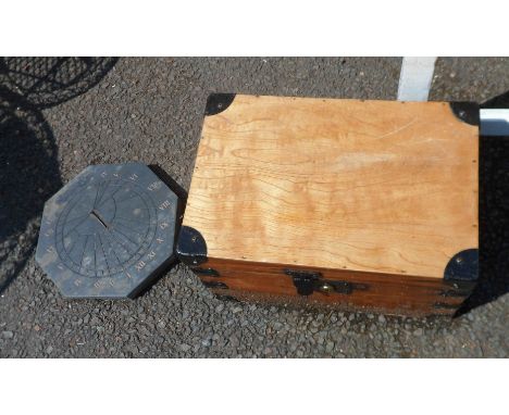 A slate garden sundial top (nomen missing) - sold with a vintage wooden lift-top box with iron fittings
