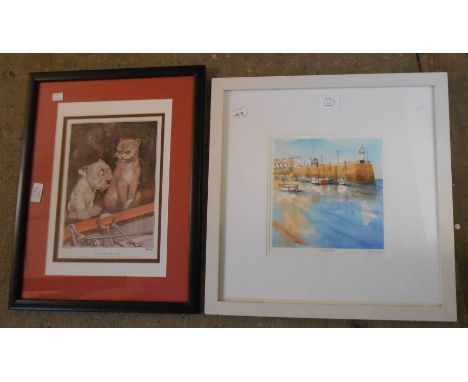 Judi Trevorrow: a framed signed coloured print entitled 'Smeaton's Pier' - sold with two Sketch dog plates and another dog pi