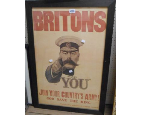 A framed large format reproduction print of Lord Kitchener's iconic First World War sign-up poster