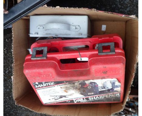 A box containing a drill sharpener and a quantity of tools, etc.