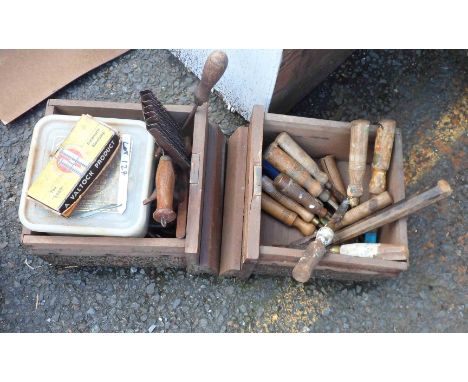Two wooden drawers containing a quantity of tools including chisels, etc.