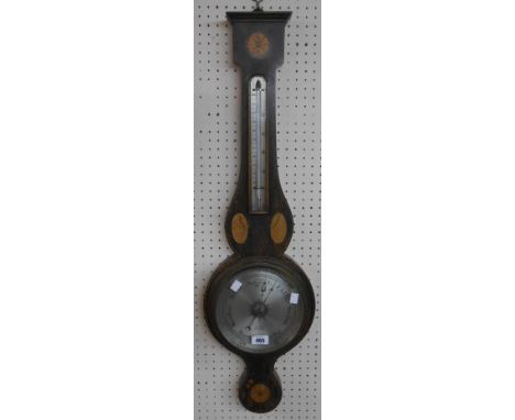 An Edwardian inlaid mahogany banjo barometer/thermometer with dial marked for Bird, Grantham and aneroid works - finish worn