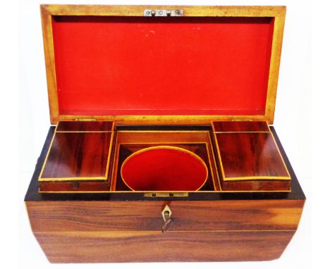 A 19th Century flame mahogany veneered and boxwood strung sarcophagus form tea caddy, the interior with removable liners - mi