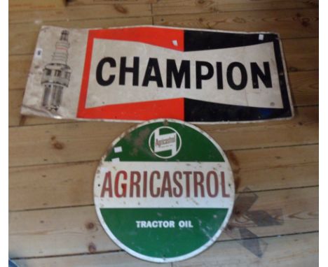 A vintage circular printed tin sign for Agricastrol Tractor Oil - sold with a rectangular similar for Champion spark plugs - 