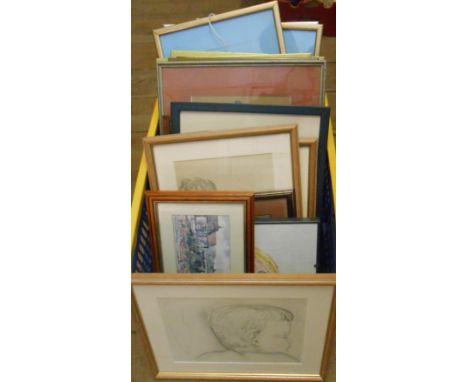 A crate containing a quantity of assorted pictures and prints including C.H. Greaves watercolour portrait, children's origina