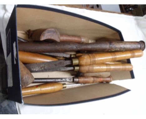 A box containing a quantity of old chisels and other tools including Marples, etc.