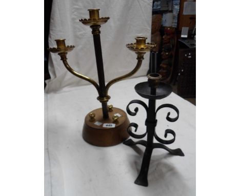 An old Gothic style three branch brass and steel candelabrum on turned wood base - sold with a wrought iron and brass single 