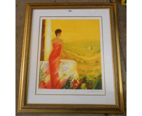Emille Bellet: a gilt framed large format signed limited edition coloured lithographic print entitled 'Adossee a la Lumiere' 