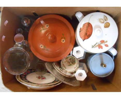 A box containing a quantity of assorted ceramic and glass items including Dudson Jasper table lamp, Royal Worcester Wild Harv