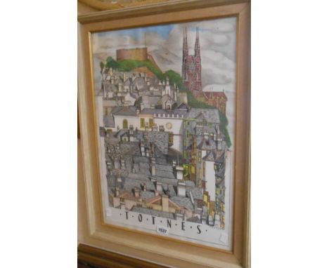 Philip G. Collings: a framed large format coloured print, depicting a rooftop view of Totnes