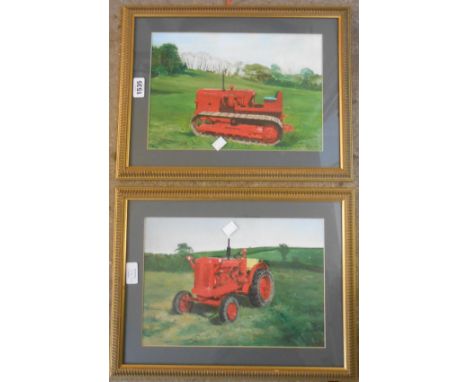 A pair of gilt framed acrylic paintings, one depicting a tractor, the other a crawler - both signed Clare and dated 2000 - so
