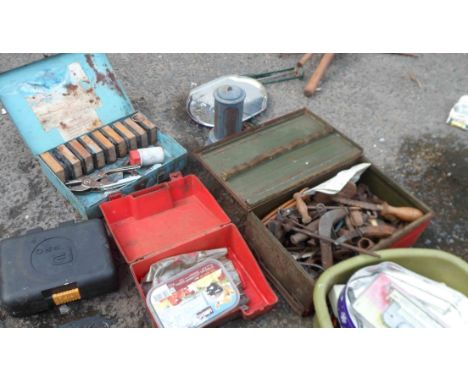 A metal ammo box containing a quantity of assorted tools - sold with a further quantity of assorted tools, old battery lanter