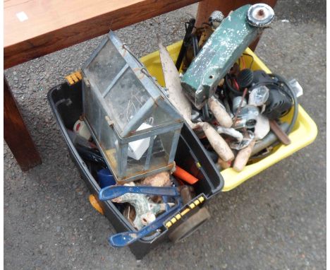 Two crates containing a quantity of tools and other collectable items including clock parts, etc.