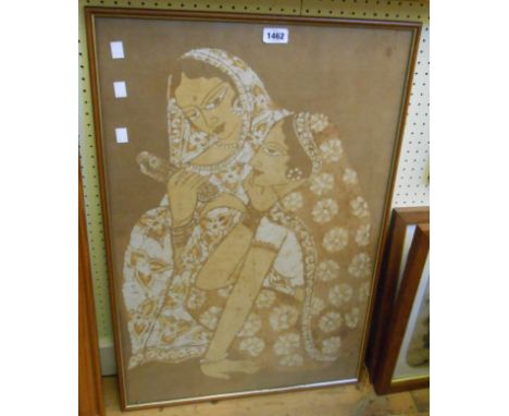 A framed vintage Indian print on textile, depicting two seated ladies - bearing Hong Kong framer's label verso