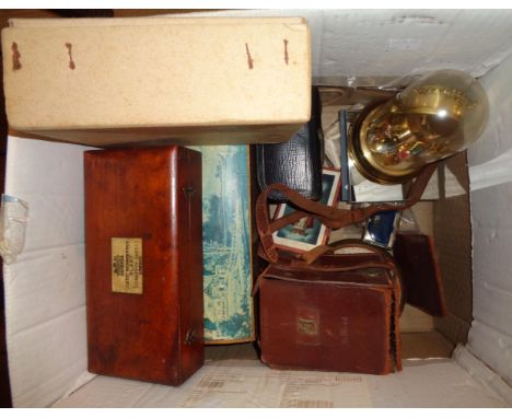 A box containing a quantity of assorted collectable items including Voightlander Brilliant camera, Victorian Sikes hydrometer
