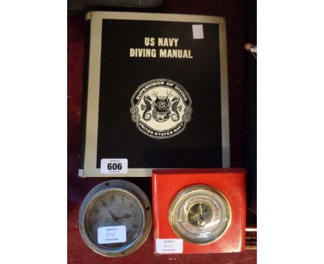 A ring bound U.S. Navy diving manual published 1979 - sold with a vintage Smiths car clock and a modern barometer