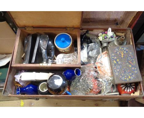 A suitcase containing a quantity of assorted ceramic, glass and other collectable items including vases, wooden lift-top box,