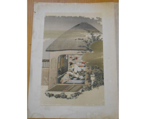 Takakone Fujiwara: an unframed Japanese coloured woodblock print entitled 'Screen-Maker', in tissue sleeve - border poor