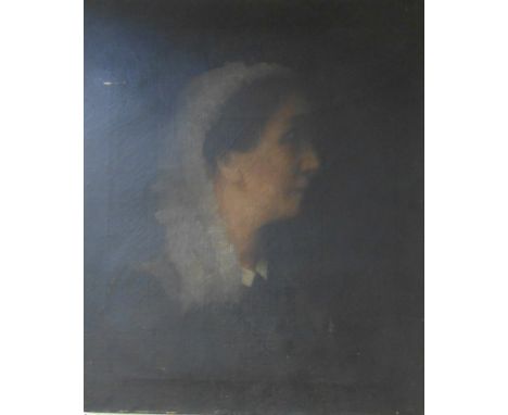 An unframed stretchered oil on canvas profile portrait of a lady wearing a bonnet - paint surface very dark - canvas stamp ve