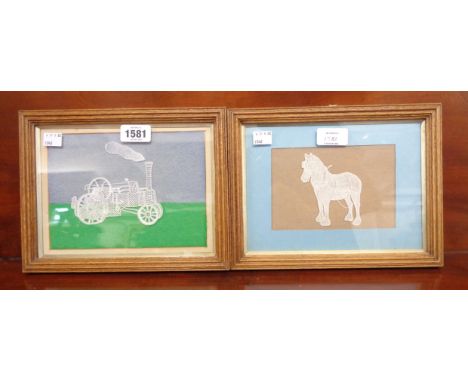 Peggy Snowdon: two framed small handmade lace pictures, one depicting a traction engine, the other a heavy horse - details ve