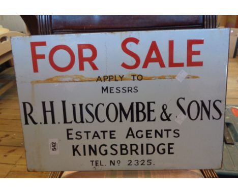 A vintage enamel estate agents For Sale sign marked for Messrs R.H. Luscombe &amp; Sons, Kingsbridge