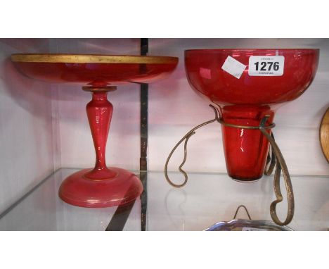 A cranberry glass epergne with plated stand marked for Hayes &amp; Finch Ltd. Suppliers of Religious Equipment, Liverpool - s